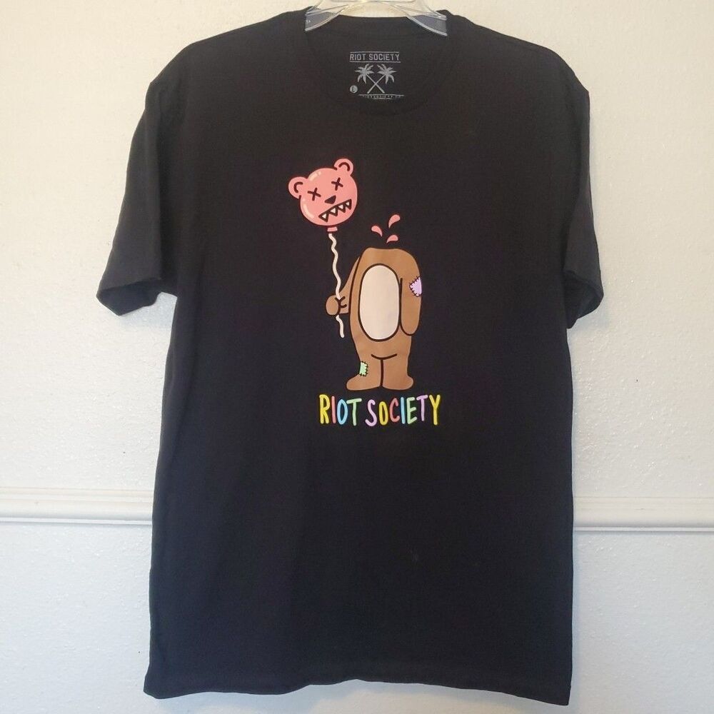 Riot Society‎ Shirt Size L Bear with Balloon Yo La Tengo Ween Sonic Youth Black